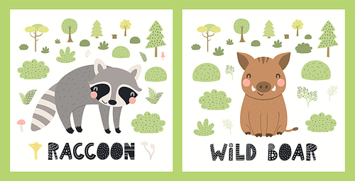 Cute funny wild animals, raccoon, boar, woodland landscape. Posters, cards collection. Hand drawn wildlife vector illustration. Scandinavian style flat design. Concept for kids fashion, textile .