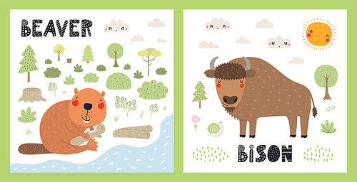 Cute funny wild animals, bison, beaver, woodland landscape. Posters, cards collection. Hand drawn wildlife vector illustration. Scandinavian style flat design. Concept for kids fashion, textile .