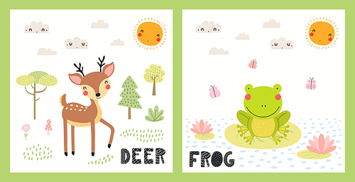 Cute funny wild animals, deer, frog, woodland landscape. Posters, cards collection. Hand drawn wildlife vector illustration. Scandinavian style flat design. Concept for kids fashion, textile .