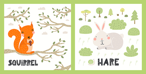 Cute funny wild animals, squirrel, hare, woodland landscape. Posters, cards collection. Hand drawn wildlife vector illustration. Scandinavian style flat design. Concept for kids fashion, textile