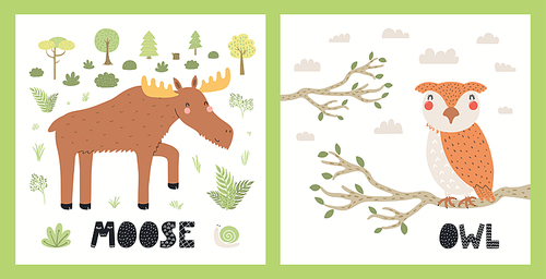 Cute funny wild animals, moose, owl, woodland landscape. Posters, cards collection. Hand drawn wildlife vector illustration. Scandinavian style flat design. Concept for kids fashion, textile .