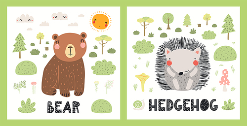 Cute funny wild animals, bear, hedgehog, woodland landscape. Posters, cards collection. Hand drawn wildlife vector illustration. Scandinavian style flat design. Concept for kids fashion, textile