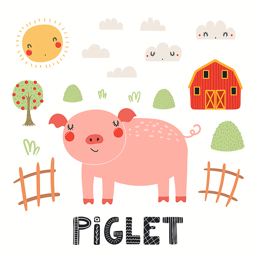 Cute funny pig, piglet, farm landscape, isolated on white. Hand drawn vector illustration. Scandinavian style flat design. Concept for kids fashion, textile , poster, card, baby shower.