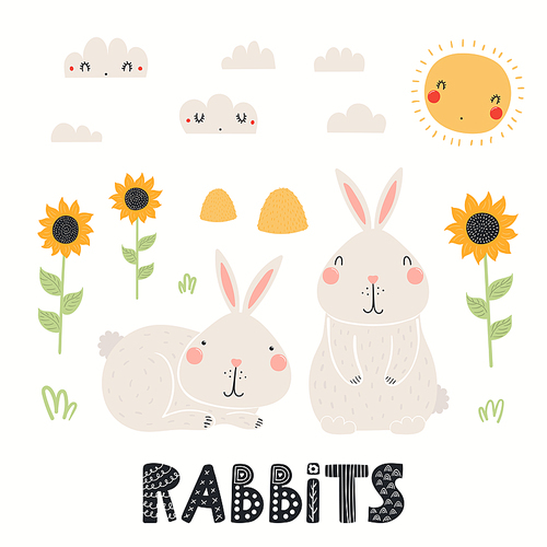 Cute funny rabbits, farm landscape with sunflowers, isolated on white. Hand drawn vector illustration. Scandinavian style flat design. Concept kids fashion, textile , poster, card, baby shower.