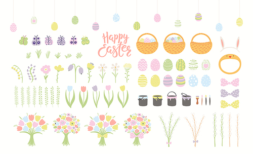 Cute Easter clipart collection, painted eggs, flowers, grass, willow, bunny ears, isolated on white. Hand drawn vector illustration. Flat style design. Elements for kids holiday card, , gift tag