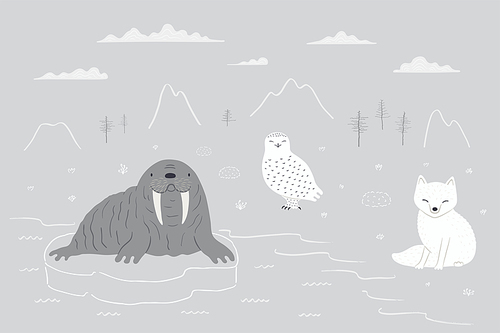 Cute Arctic animals, fox, snowy owl, walrus, northern landscape, isolated. Hand drawn vector illustration. Winter animal character, wildlife. Design concept kids fashion, textile , poster card