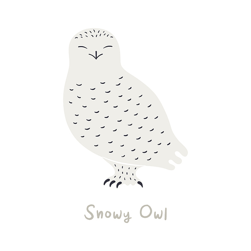 Cute cartoon snowy owl, isolated on white. Hand drawn vector illustration. Winter animal character. Arctic wildlife, nature. Design concept for kids fashion, textile , poster, card, baby shower.