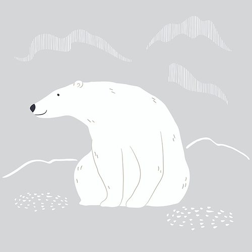 Cute cartoon polar bear, northern landscape. Hand drawn vector illustration. Winter animal character. Arctic wildlife, nature. Design concept for kids fashion, textile , poster, card, baby shower