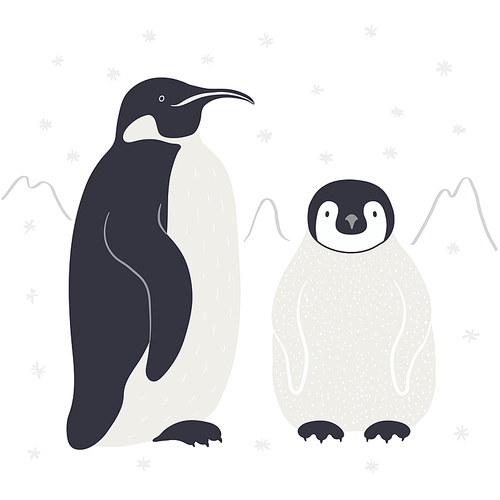 Cute cartoon penguins, Antarctic landscape, isolated. Hand drawn vector illustration. Winter animal character, wildlife, nature. Design concept kids fashion, textile , poster, card, baby shower.