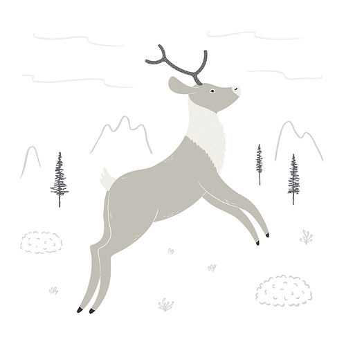 Cute cartoon reindeer, northern landscape, isolated. Hand drawn vector illustration. Winter animal character. Arctic wildlife. Design concept for kids fashion, textile , poster, card, baby shower