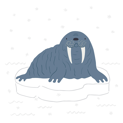 Cute cartoon walrus, northern landscape, isolated. Hand drawn vector illustration. Winter animal character. Arctic wildlife. Design concept for kids fashion, textile , poster, card, baby shower.