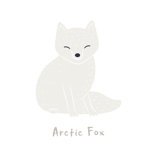 Cute cartoon arctic fox, isolated on white. Hand drawn vector illustration. Winter animal character. Arctic wildlife, nature. Design concept for kids fashion, textile , poster, card, baby shower.