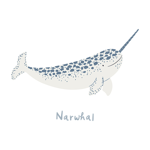 Cute cartoon narwhal, isolated on white. Hand drawn vector illustration. Winter animal character. Arctic wildlife, nature. Design concept for kids fashion, textile , poster, card, baby shower.