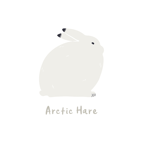 Cute cartoon arctic hare, isolated on white. Hand drawn vector illustration. Winter animal character. Arctic wildlife, nature. Design concept for kids fashion, textile , poster, card, baby shower