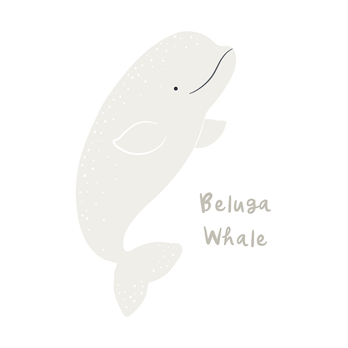 Cute cartoon beluga whale, isolated on white. Hand drawn vector illustration. Winter animal character. Arctic wildlife, nature. Design concept kids fashion, textile , poster, card, baby shower.