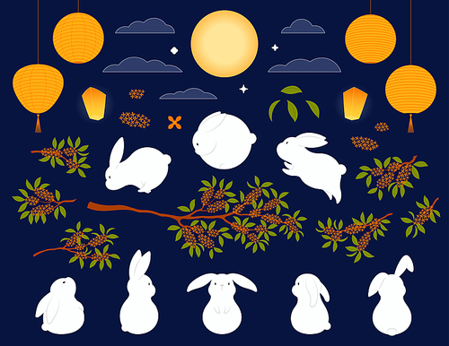 Mid Autumn Festival rabbits, osmanthus, moon, lanterns, clouds design elements set, isolated. Hand drawn vector illustration. Flat style. Traditional Asian holiday clipart, for card, poster, banner