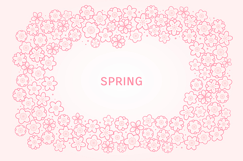 Spring blossoms, blooms, flowers frame on white, with copy space. Line art style vector illustration. Abstract geometric design. Concept for seasonal promotion, sale, advertising, poster, banner