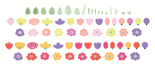 Spring, summer flowers, greenery, leaves, grass clipart collection, isolated on white. Hand drawn vector illustration. Floral elements set. Bouquet creator. Scandinavian style flat design.