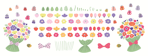 Spring, summer flowers, greenery, butterflies, bees clipart collection, isolated on white. Hand drawn vector illustration. Floral elements set. Bouquet creator. Scandinavian style flat design.