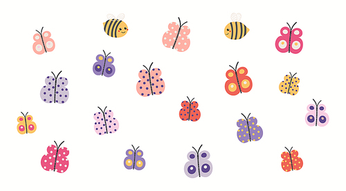 Cute butterflies, bees clipart collection, isolated on white. Hand drawn vector illustration. Scandinavian style flat design. Spring, summer insects elements set