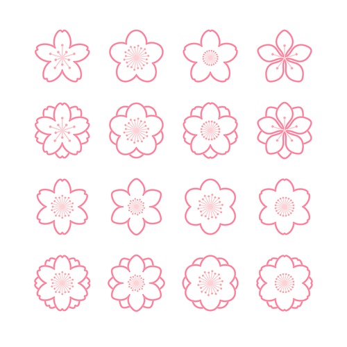 Sakura, cherry, plum, apricot, peach, apple blossoms, flowers, floral design elements collection, clipart set, isolated. Line art style vector illustration. Spring promotion, sale, advertising