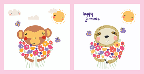 Cute funny animals, monkey, sloth, holding flower bouquets. Posters, cards collection. Hand drawn vector illustration. Scandinavian style flat design. Concept spring, summer kids fashion print.