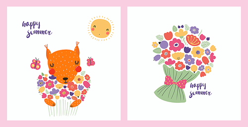 Cute funny squirrel holding flowers, bouquet, lettering. Posters, cards collection. Hand drawn vector illustration. Scandinavian style flat design. Concept spring, summer kids fashion, textile print.