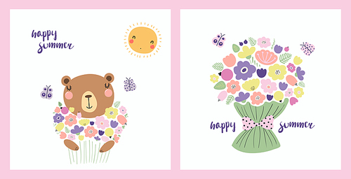 Cute funny bear holding flowers, bouquet, lettering. Posters, cards collection. Hand drawn vector illustration. Scandinavian style flat design. Concept spring, summer kids fashion, textile print.