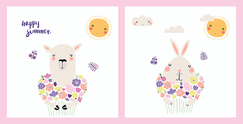 Cute funny animals, rabbit, llama, holding flower bouquets. Posters, cards collection. Hand drawn vector illustration. Scandinavian style flat design. Concept spring, summer kids fashion print.