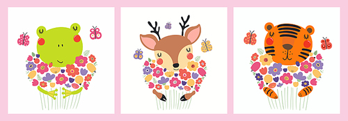 Cute funny animals, frog, deer, tiger, holding flower bouquets. Posters, cards collection. Hand drawn vector illustration. Scandinavian style flat design. Concept spring, summer kids fashion print.