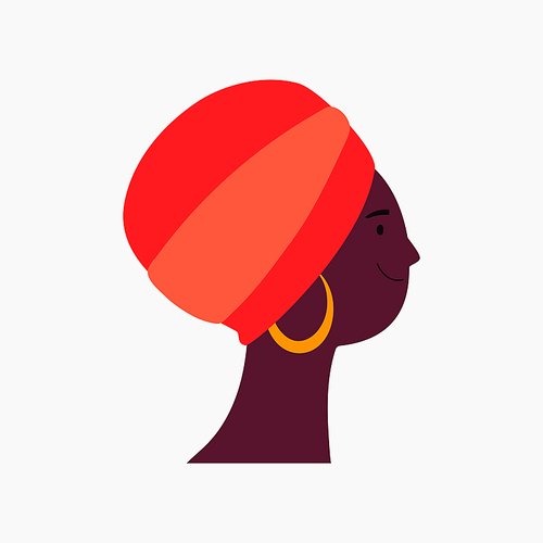 Beautiful black woman, girl in a turban, face in profile isolated on white. Flat style vector illustration. Female cartoon character. Design element for 8 March, Womens Day card, banner, poster