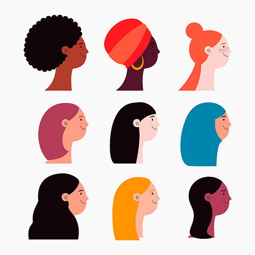 Beautiful diverse women, girls faces in profile collection, isolated on white. Flat style vector illustration. Female cartoon characters. Design element for 8 March, Womens Day card, banner, poster.