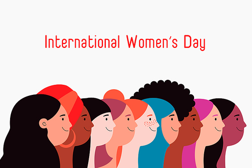 Beautiful diverse women, girls faces in profile. Flat style vector illustration. Female cartoon characters. Design concept for 8 March, Womens Day card, banner, poster, feminism, gender equality