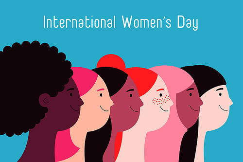 Beautiful diverse women, girls faces in profile. Flat style vector illustration. Female cartoon characters. Design concept for 8 March, Womens Day card, banner, poster, feminism, gender equality