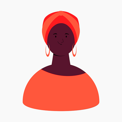 Beautiful black woman in head wrap, isolated on white. Flat style vector illustration. Female cartoon character. Design element for 8 March, Womens Day card, poster. Feminism, gender equality concept