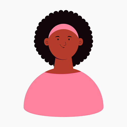 Beautiful black woman with afro hair, isolated on white. Flat style vector illustration. Female cartoon character. Design element for 8 March, Womens Day card, banner, poster. Gender equality concept