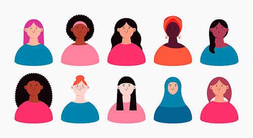 Beautiful diverse women, girls, isolated on white. Flat style vector illustration. Female cartoon characters. Design element 8 March, Womens Day card, banner, poster. Feminism, gender equality concept