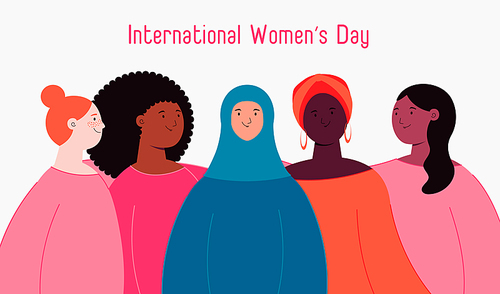 Diverse beautiful modern women, girls group, hugging. Flat style vector illustration. Female cartoon characters. Design element for 8 March, Womens Day card, banner, poster. Feminism, equality concept