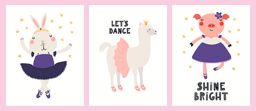 Cute funny animals, rabbit, llama, pig, ballerina girls, ballet dancers. Posters, cards collection. Hand drawn vector illustration. Scandinavian style flat design. Concept kids fashion, textile print.