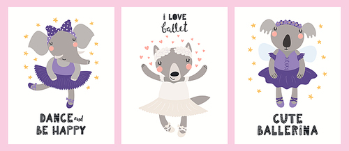 Cute animals, elephant, wolf, koala, ballerina girls, ballet dancers. Posters, cards collection. Hand drawn vector illustration. Scandinavian style flat design. Concept kids fashion, textile print.