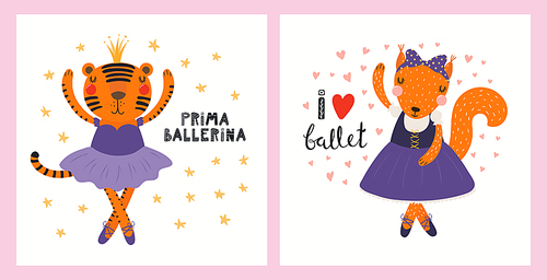 Cute funny animals, tiger, squirrel, ballerina girls, ballet dancers. Posters, cards collection. Hand drawn vector illustration. Scandinavian style flat design. Concept for kids fashion, textile print
