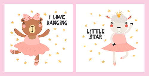 Cute funny animals, bear, sheep, ballerina girls, ballet dancers. Posters, cards collection. Hand drawn vector illustration. Scandinavian style flat design. Concept for kids fashion, textile print.