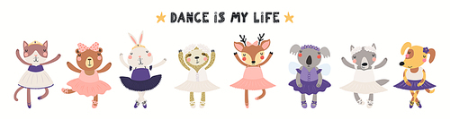 Banner, card with cute animals, ballerina girls, ballet dancers, quote, isolated on white. Hand drawn vector illustration. Scandinavian style flat design. Concept for kids fashion, textile print