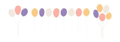 Flying balloons with strings in pastel colors clipart collection, isolated on white. Hand drawn vector illustration. Scandinavian style flat design. Cartoon elements set for kids print, birthday party