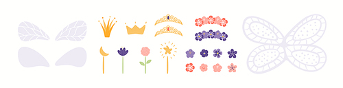 Girly fairy accessories, wings, magic wands, crowns, flowers clipart collection, isolated on white. Hand drawn vector illustration. Scandinavian style flat design. Cartoon elements set for kids print