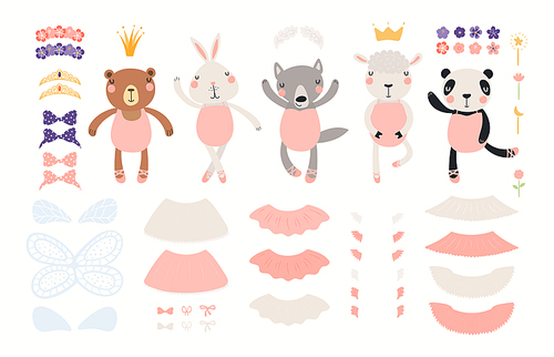 Cute animal girls in leotards, pointe shoes, skirts, accessories, wings clipart collection, isolated on white. Ballerina creator, DIY. Hand drawn vector illustration. Scandinavian style flat design.