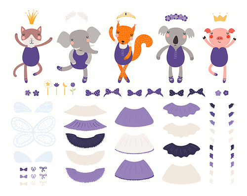 Cute animal girls in leotards, pointe shoes, skirts, accessories, wings clipart collection, isolated on white. Ballerina creator, DIY. Hand drawn vector illustration. Scandinavian style flat design.