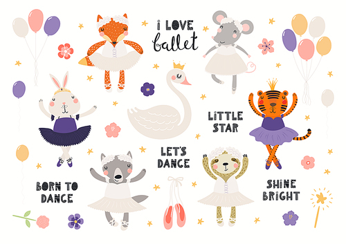 Cute animal ballerinas, pointe shoes, flowers, balloons, quotes, big set isolated on white. Hand drawn vector illustration. Scandinavian style flat design. Kids prints, characters, elements collection