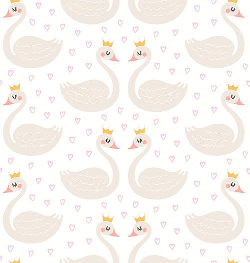 Cute princess swans in crowns, hearts seamless pattern on white background. Hand drawn vector illustration. Scandinavian style flat design. Concept kids textile, fashion print, wallpaper, package.