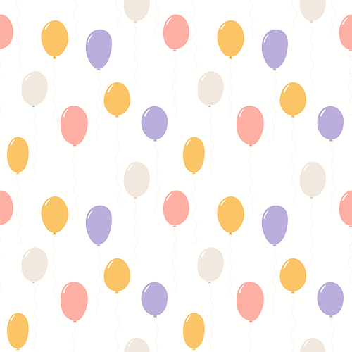 Flying pastel air balloons with strings seamless pattern on white background. Hand drawn vector illustration. Scandinavian style flat design. Concept kids textile, fashion print, wallpaper, package.